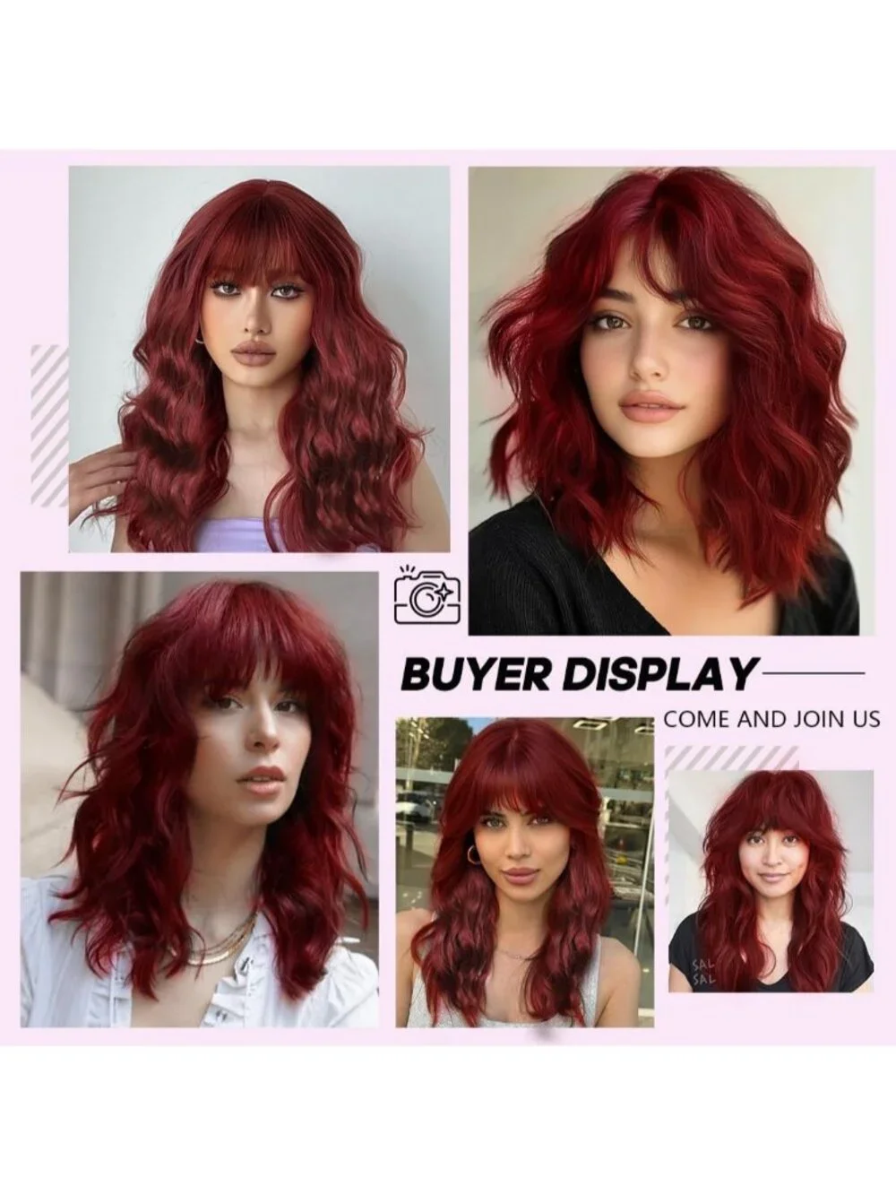 Women's Wine Red 16 Inch Wavy Wig Bangs Shoulder Length Synthetic Hair